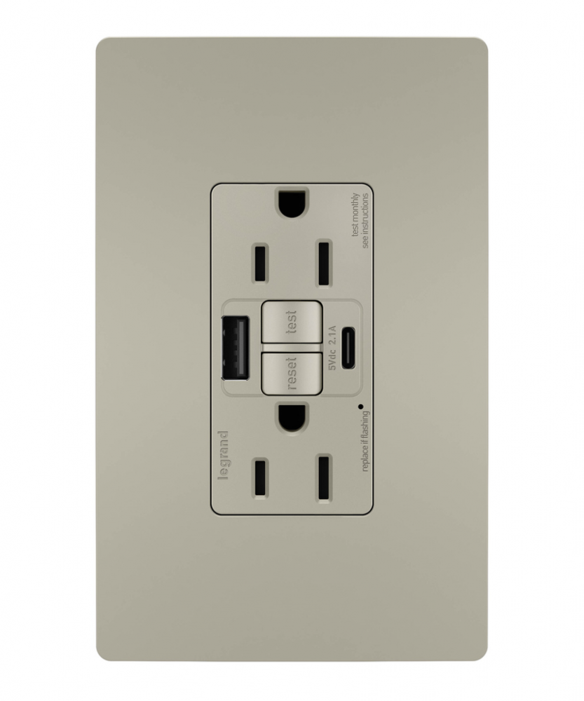 radiant Tamper-Resistant 15A Duplex Self-Test GFCI Receptacles wt SafeLock Protection, USB Type