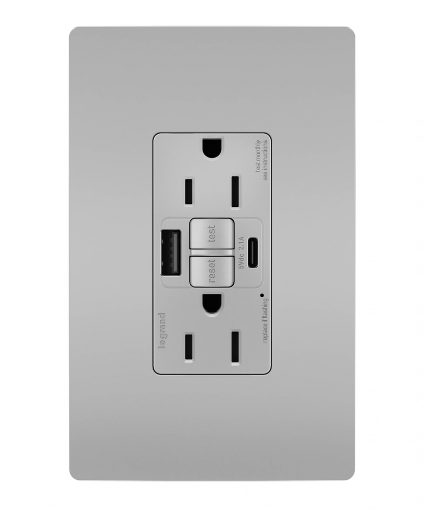 radiant Tamper-Resistant 15A Duplex Self-Test GFCI Receptacles wt SafeLock Protection, USB Type