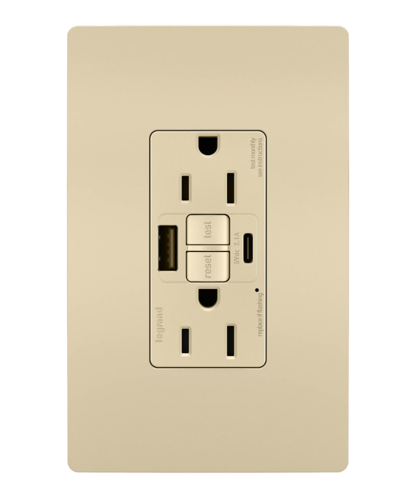 radiant Tamper-Resistant 15A Duplex Self-Test GFCI Receptacles wt SafeLock Protection, USB Type