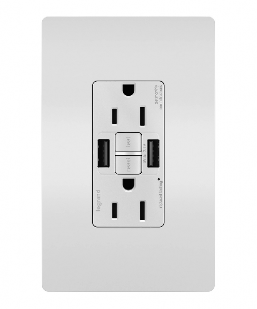 radiant Tamper-Resistant 15A Duplex Self-Test GFCI Receptacles wt SafeLock Protection, USB Type