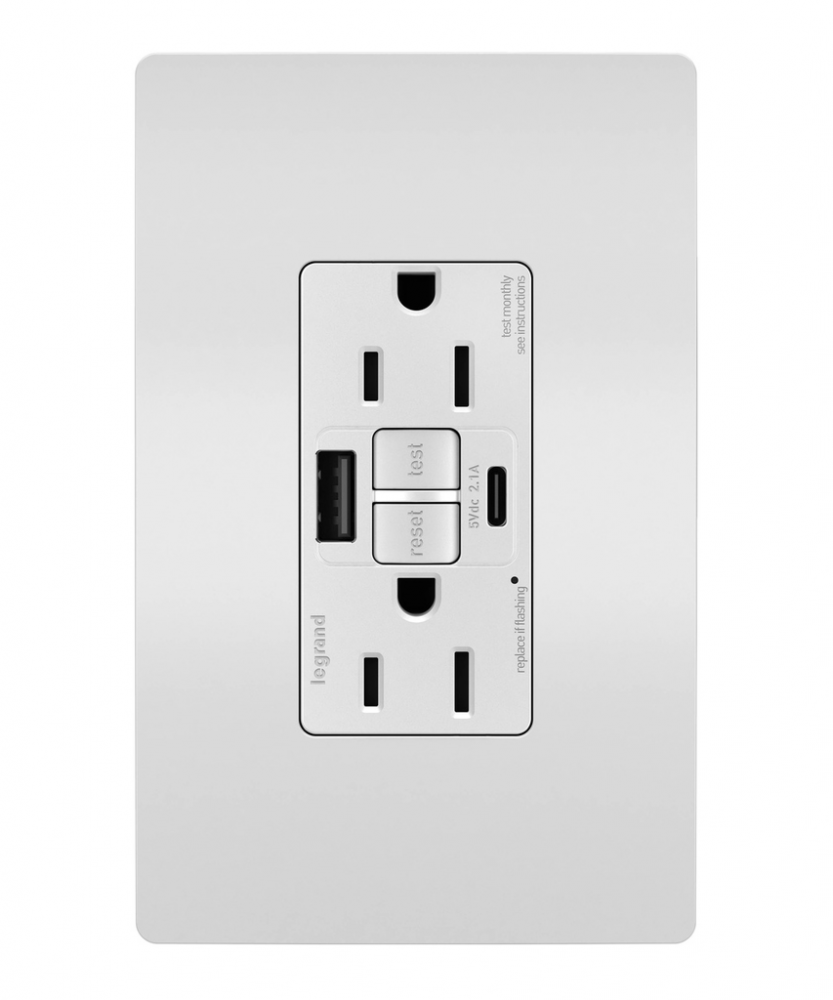 radiant Tamper-Resistant 15A Duplex Self-Test GFCI Receptacles wt SafeLock Protection, USB Type