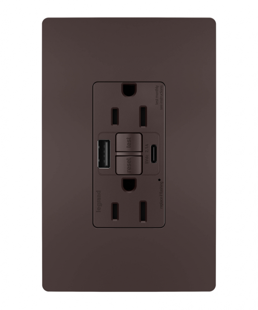 radiant Tamper-Resistant 15A Duplex Self-Test GFCI Receptacles wt SafeLock Protection, USB Type
