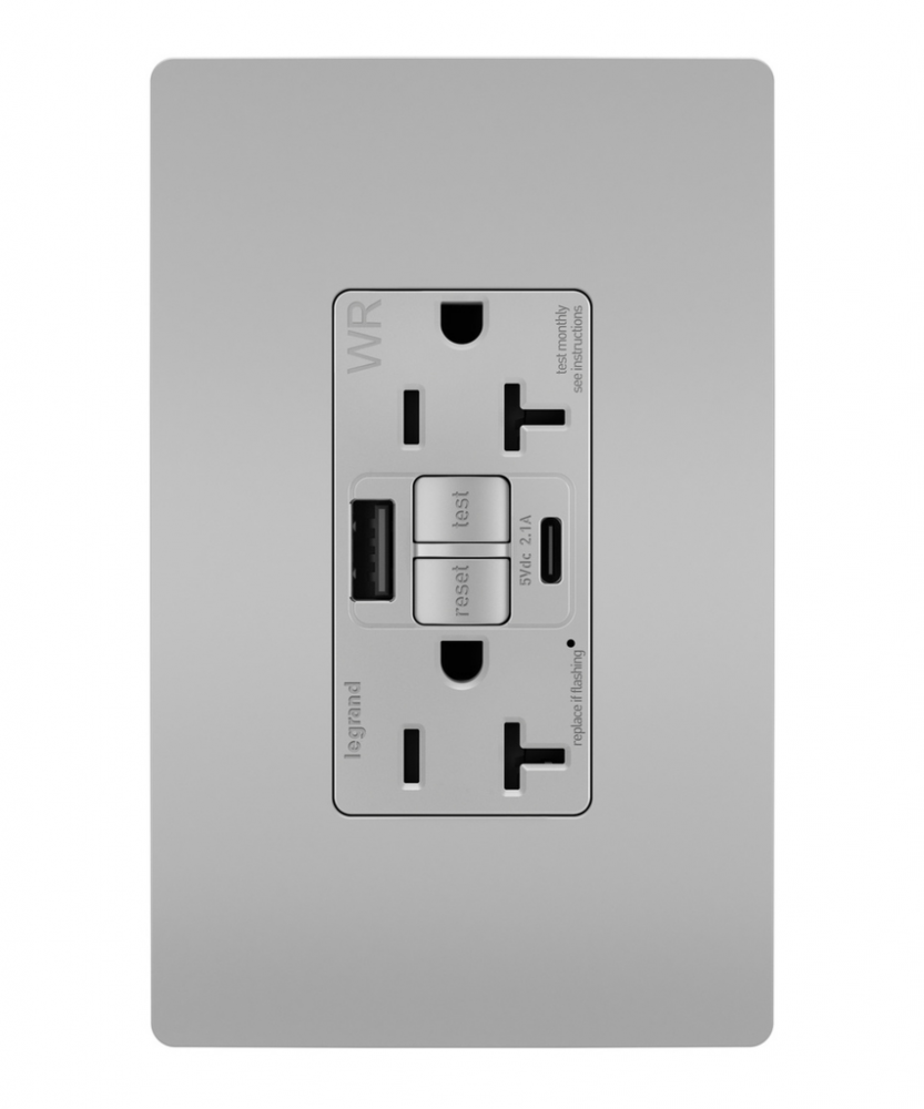 radiant Tamper-Resistant Weather-Resistant Duplex Self-Test GFCI with USB Type A/C Outlet, Gray