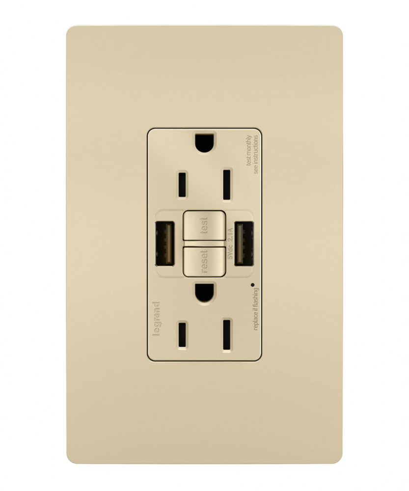 radiant Tamper-Resistant 15A Duplex Self-Test GFCI Receptacles wt SafeLock Protection, USB Type