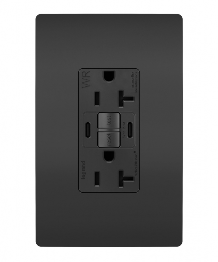 radiant Tamper-Resistant Weather-Resistant Duplex Self-Test GFCI with USB Type A/C Outlet, Black