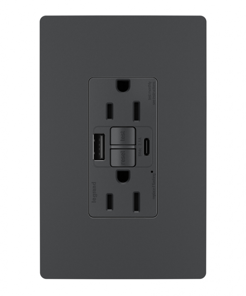 radiant Tamper-Resistant 15A Duplex Self-Test GFCI Receptacles wt SafeLock Protection, USB Type