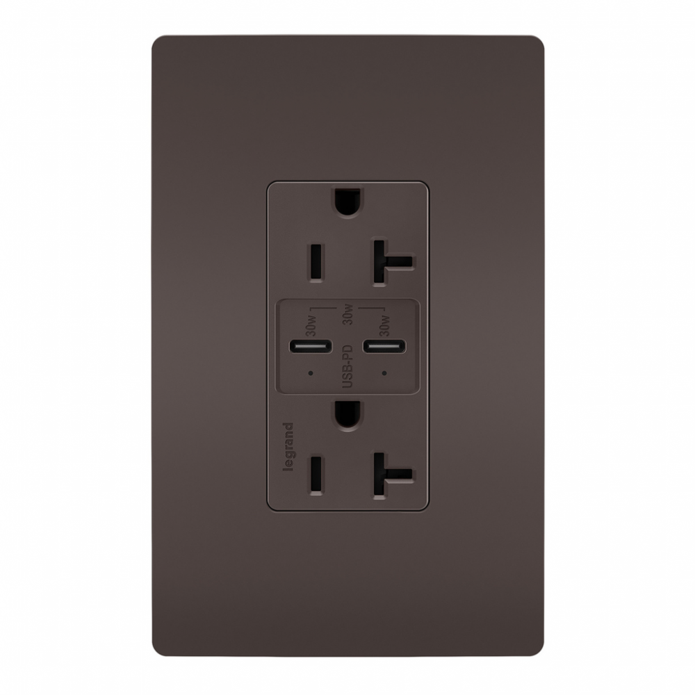 radiant 20A Tamper Resistant Ultra Fast PLUS Power Delivery USB Type C/C Outlet, Brown